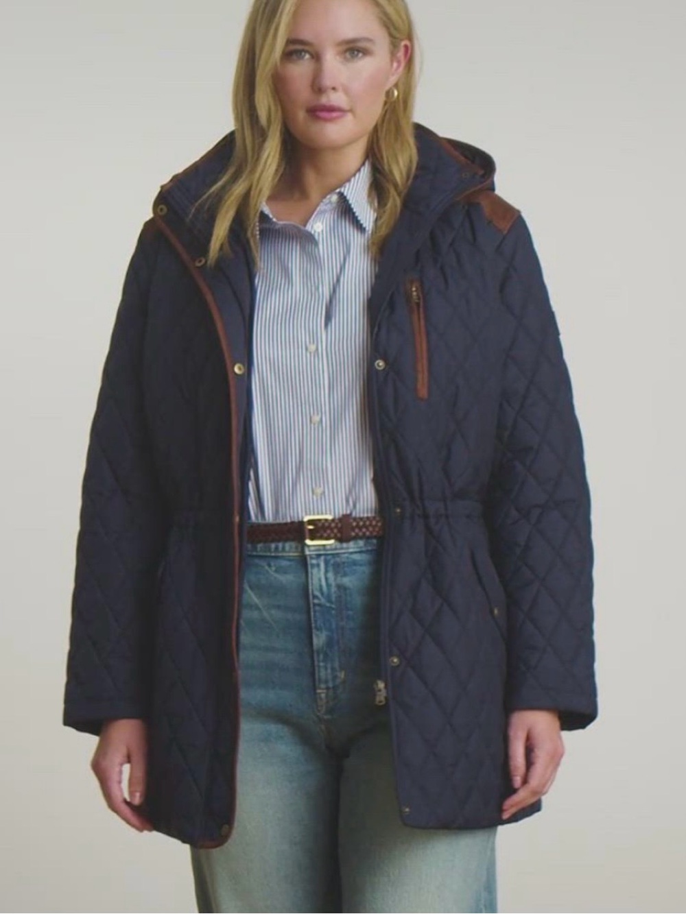 Ralph Lauren Navy Quilted Hooded Anorak with Brown Trim Accents- Elbow Patch